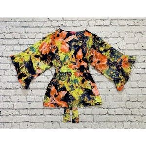 Betsey Johnson Tunic Top Women’s size M Ruffle Kimono Sleeve Colorful Faux Wrap